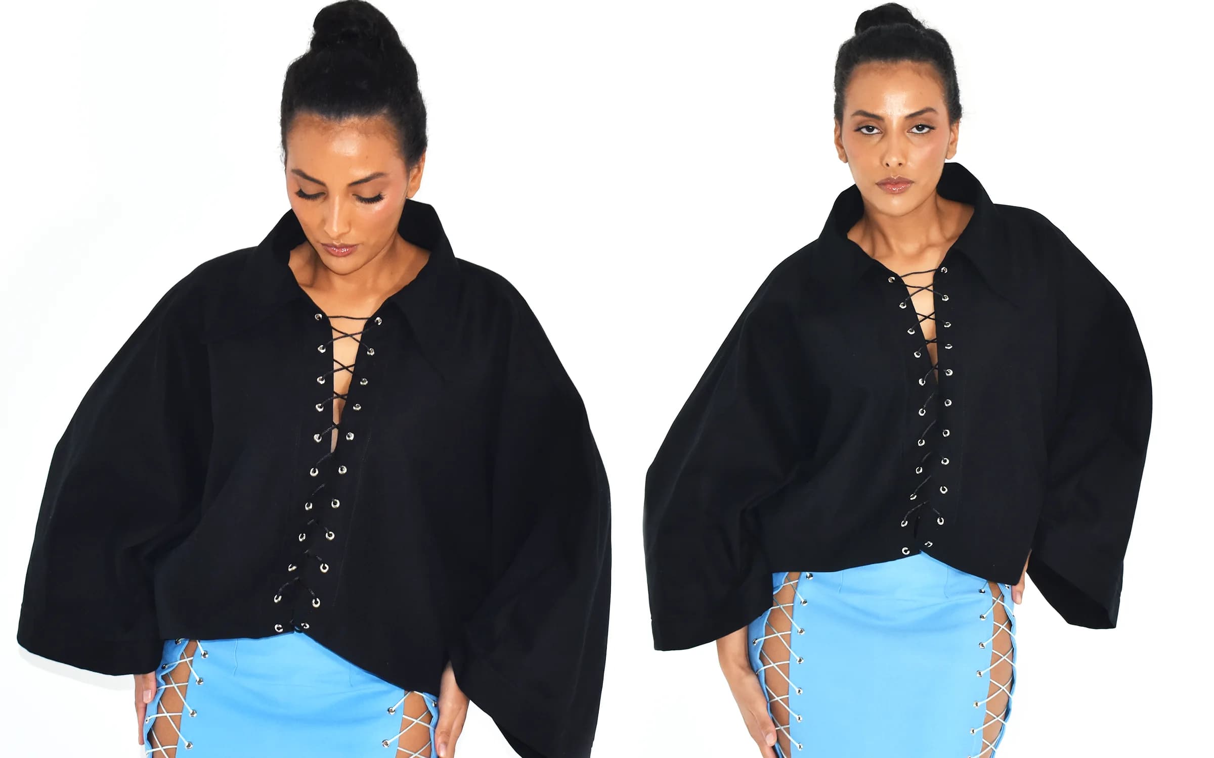 Editorial Madre Atelier — camisa cropped preta de mangas amplas com amarração frontal em ilhoses, sobre saia azul